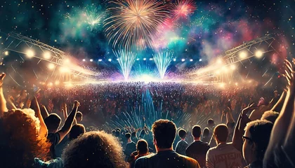 Wandaufkleber a huge crowd of people dancing on stage at a music concert with epic lights and fireworks on the arena stadium alien galaxy performance desktop wallpaper background 16 9 4k generative ai © Ashleigh
