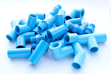 Blue pvc pipe connections for plumbing work. Plumber equipment