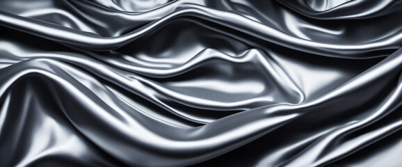 Obraz premium Elegant Black Silk Satin Texture. Smooth, Glossy Fabric Folds. Luxurious Background, Space for Text. Wide Banner View.