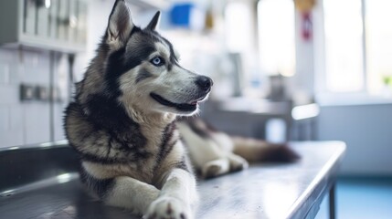 Photo of a blue-eyed Siberian husky dog in a veterinary clinic with a veterinarian