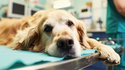 A photo of a sick Golden Retriever dog on the operating table at a veterinary clinic