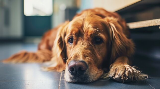 Photo of a Golden Retriever dog in a veterinary clinic