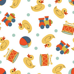 Various toys for kids. Hand drawn vector seamless pattern. Duck, ball, drum. Children games, preschool activities concept. 