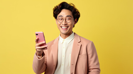 Naklejka premium Young man smiling and holding his smartphone on a colored background