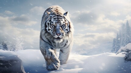 A powerful and majestic image of a Siberian tiger in the snow, captured through the lens of realism and wildlife photography.