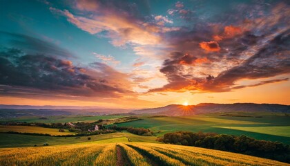 Fototapeta na wymiar sunset over the field captivating 4k time lapse majestic sunrise sunset landscape with stunning nature s light and rolling colorful clouds generative ai