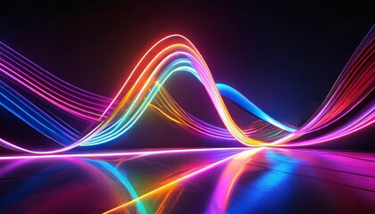 3d render abstract neon background dynamic lines glowing in the dark with floor reflection folded colorful ribbon