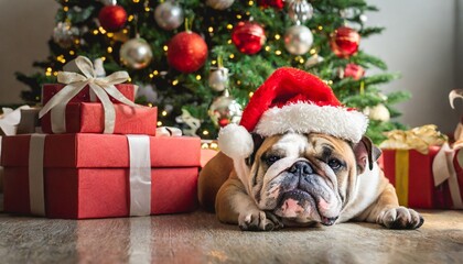 merry christmas xmas home animal pet holiday celebration funny bulldog dog with santa claus hat lying on the floor gift boxes and christmas tree in the background