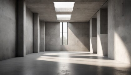 abstract empty modern concrete room with sunlight from horizontal ceiling openings recess wall and rough floor industrial interior background template