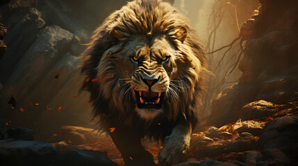 angry lion stalking its prey 