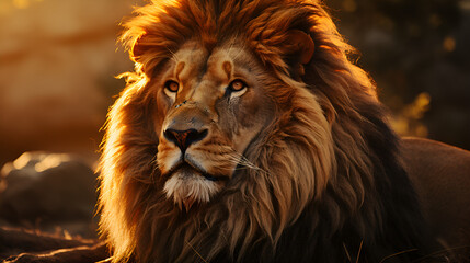 Naklejka premium close up portrait of a lion at sunrise 