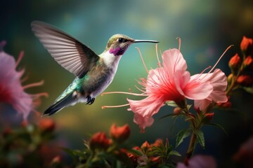 Colorful beautiful hummingbird bird fluttering over a flower, tropical birds and plants, bird flight