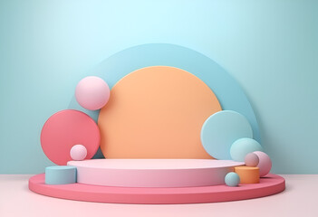 Fototapeta premium Minimal product podium stage with multicolor pastel color balloons in geometric shape for presentation background. Abstract background and decoration scene template.generative ai.