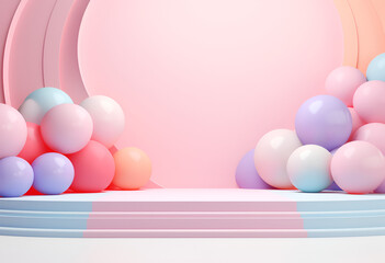 Minimal product podium stage with multicolor pastel color balloons in geometric shape for...