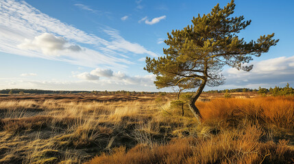 Dutch heathland landscape in winter season with pine tree and juniper - obrazy, fototapety, plakaty