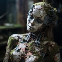 A broken feminine humanoid robot
