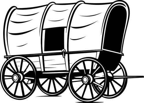 Wild west covered wagon black silhouette. Vector Western illustration isolated on white. AI generated illustration.