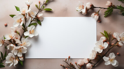 Naklejka na ściany i meble White card on beige background. Blooming apple tree branches around Background for congratulations. Banner mockup for Women's Day