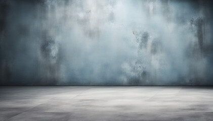 Dusty blue gray grunge background. Interior room. Concrete old wall, floor. Product display. 3d rendering.  For mock up, showcase, design. Stage. Dark. Spotlight. Horror creepy.Dirty, broken, cracked. - obrazy, fototapety, plakaty