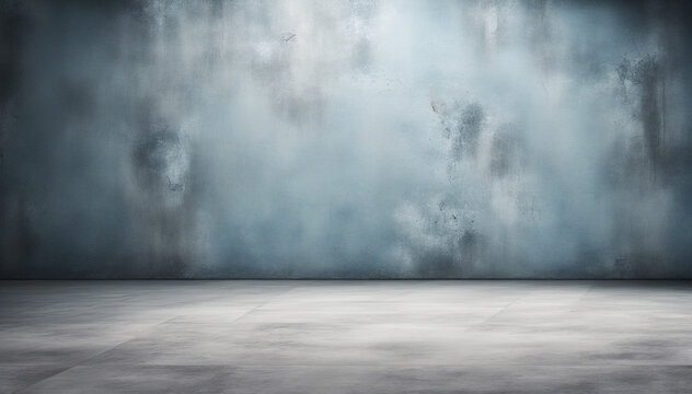 Dusty blue gray grunge background. Interior room. Concrete old wall, floor. Product display. 3d rendering.  For mock up, showcase, design. Stage. Dark. Spotlight. Horror creepy.Dirty, broken, cracked.