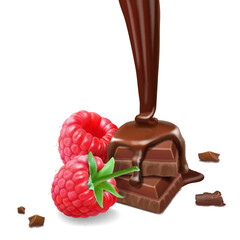 Liquid chocolate flowing red raspberry. Chocolate pieces and raspberries. Realistic 3d vector illustration.