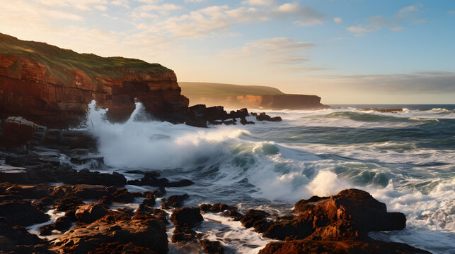 Rocky coastline with waves crashing against the cliffs at dawn. © Timo