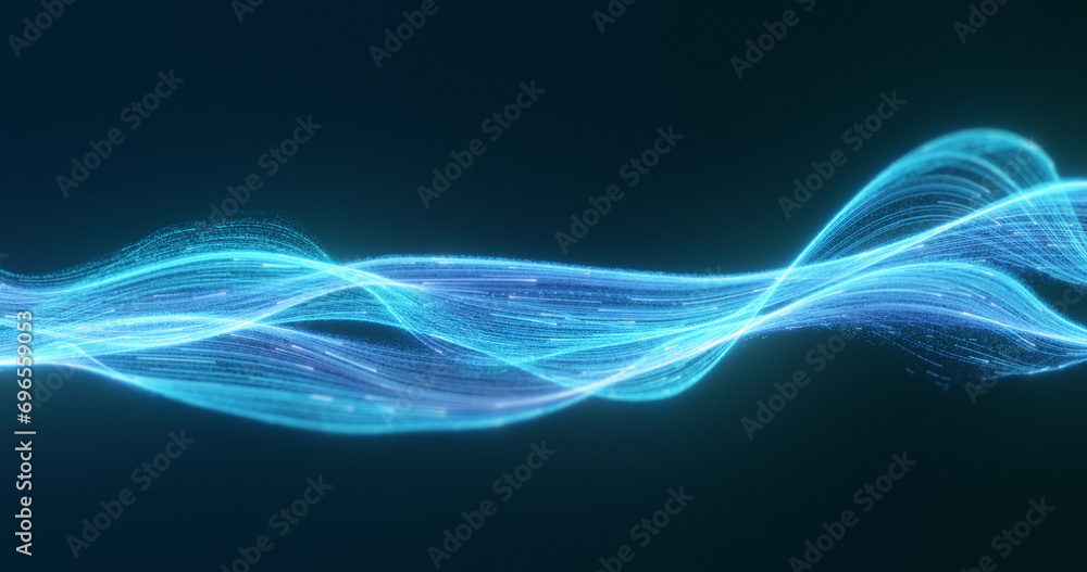 Poster backdrop of intertwining light creates a dynamic display of technology and data flow, embodying a fu