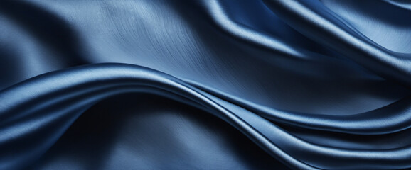 Fototapeta premium Abstract silk satin background in black and blue. Wavy lines create a modern and elegant effect for design projects. Perfect for web banners and wide panoramic layouts. Luxurious and fluid with a shin