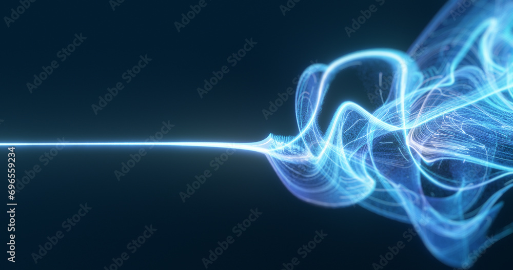 Poster data stream visual, depicting a flow of data from left to right transitioning from a single strand i