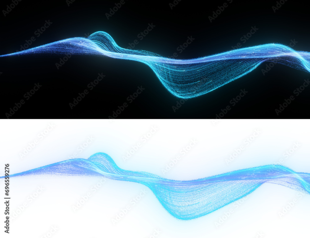 Poster fluid stream of blue particles, resembling a digital river, representing the seamless flow of inform