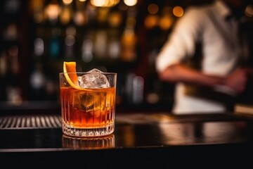 Elegant glass of tasty fresh and strong whiskey drink decorated with orange peel against the night bar