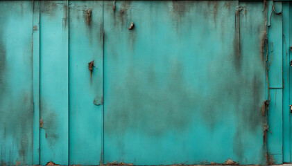 Rustic Blue-Green Weathered Metal Wall Texture. Vintage Petrol Colored Background with Room for Design. Gritty and Worn Surface with Close-Up Detail. Aged and Distressed Appearance.