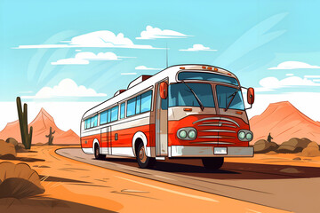 An old bright tourist bus on the road in the desert.