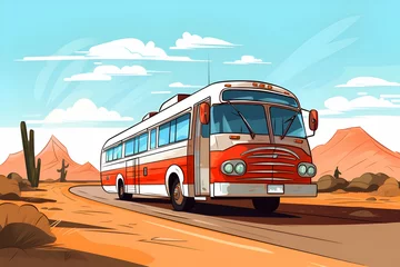 Foto op Canvas An old bright tourist bus on the road in the desert. © Лариса Люндовская