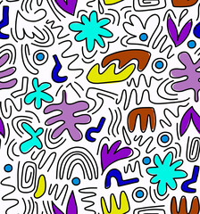 Seamless abstract pattern of pastel colors. White background.