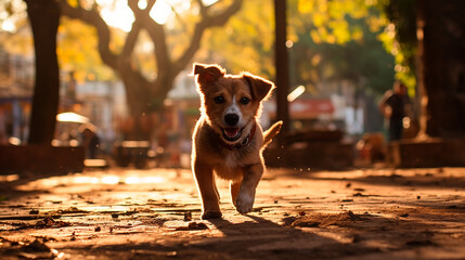 Perro en el parque - Animal de compañia feliz paseando mascota - obrazy, fototapety, plakaty