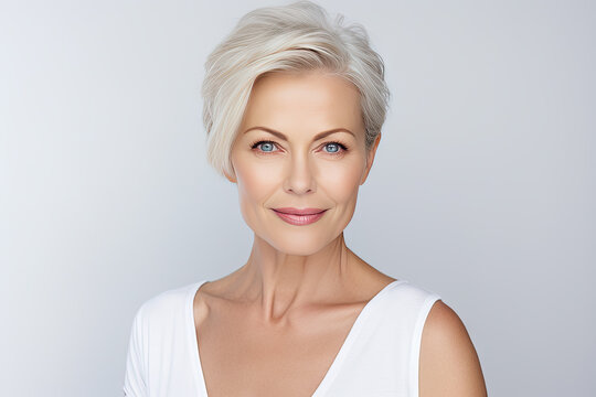 Portrait of happy senior woman looking at camera and smiling while standing against white background. gray short hair and blue eyes