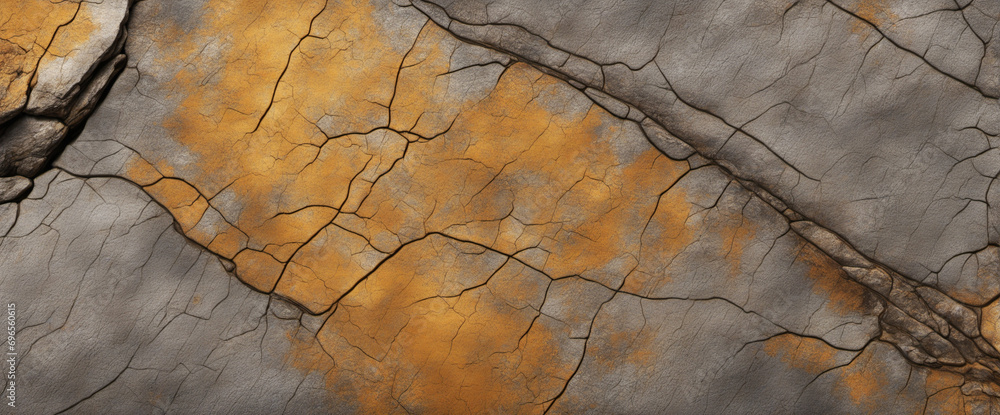 Poster rugged grey mountain with yellow-brown veins and cracks. close-up. stone texture. dark rust-colored 