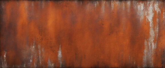 Aged metal texture. Weathered rust backdrop with blank space for creativity. Spacious horizontal banner. Vintage red-brown distressed surface.