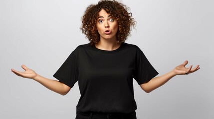 Confused overweight curly woman shrugs shoulders holds smartphone has connection error annoyed with discharged or broken cellphone dressed in casual black t shirt