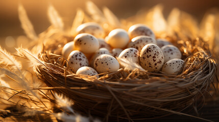 Obraz premium Warm Golden Hour Light Over Quail Eggs in Nest - Suitable for Rustic Themes
