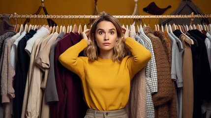 Hesitant woman shrugs shoulders feels unaware chooses perfect outfit for occasion wears knitted jumper poses among clothes rail poses clueless lost in quest to find ideal