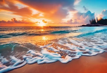 Poster Closeup sea sand beach. Panoramic beach landscape. Inspire tropical beach seascape horizon. Orange and golden sunset sky calmness tranquil relaxing sunlight summer mood. Vacation travel holiday banner © SR07XC3