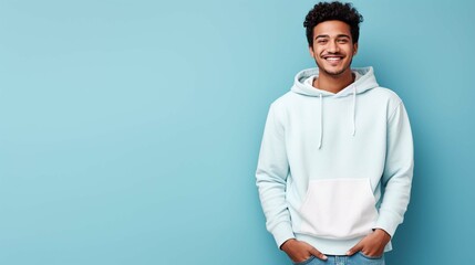 People lifestyle concept. Studio shot of young happy smiling Hindu male student standing isolated in centre on blue background wearing casual hoodie and jeans with white leather bag