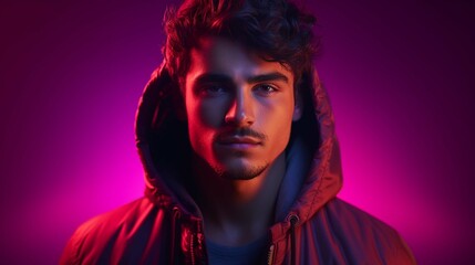 Portrait of Latina young man posing isolated on gradient purple pink background in neon light