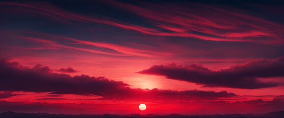 Dark night sky with soft clouds and abstract black and red background for design. Spacious banner with panoramic view.