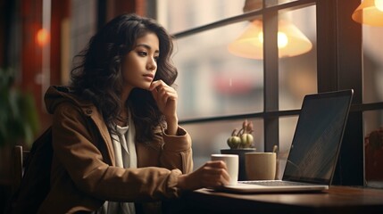 Pretty cheerful Asian woman in eyeglasses and casual clothes browses laptop computer connected to 4g internet updates software uses modern technologies poses in cafeteria