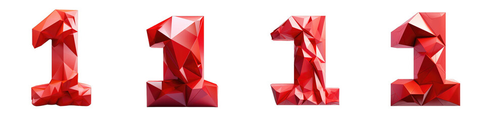 Red colored geometric polygonal number, logotype, number 1 , One isolated on a transparent background