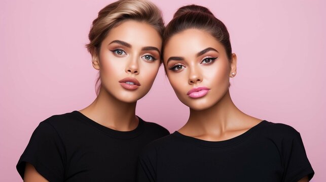 Two young women pout lips applying lipstick having fun while doing morning routine procedures stand next to each other dressed in black t shirts isolated over pink background. Makeup