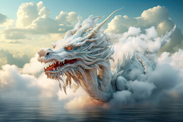 dragon in the sky.Dragon , clouds, sea, symbol of 2024 - obrazy, fototapety, plakaty
